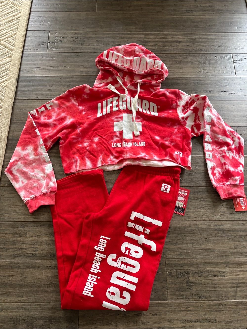 Lifeguard Tie-Dye Cropped Hoodie & Red Joggers Set